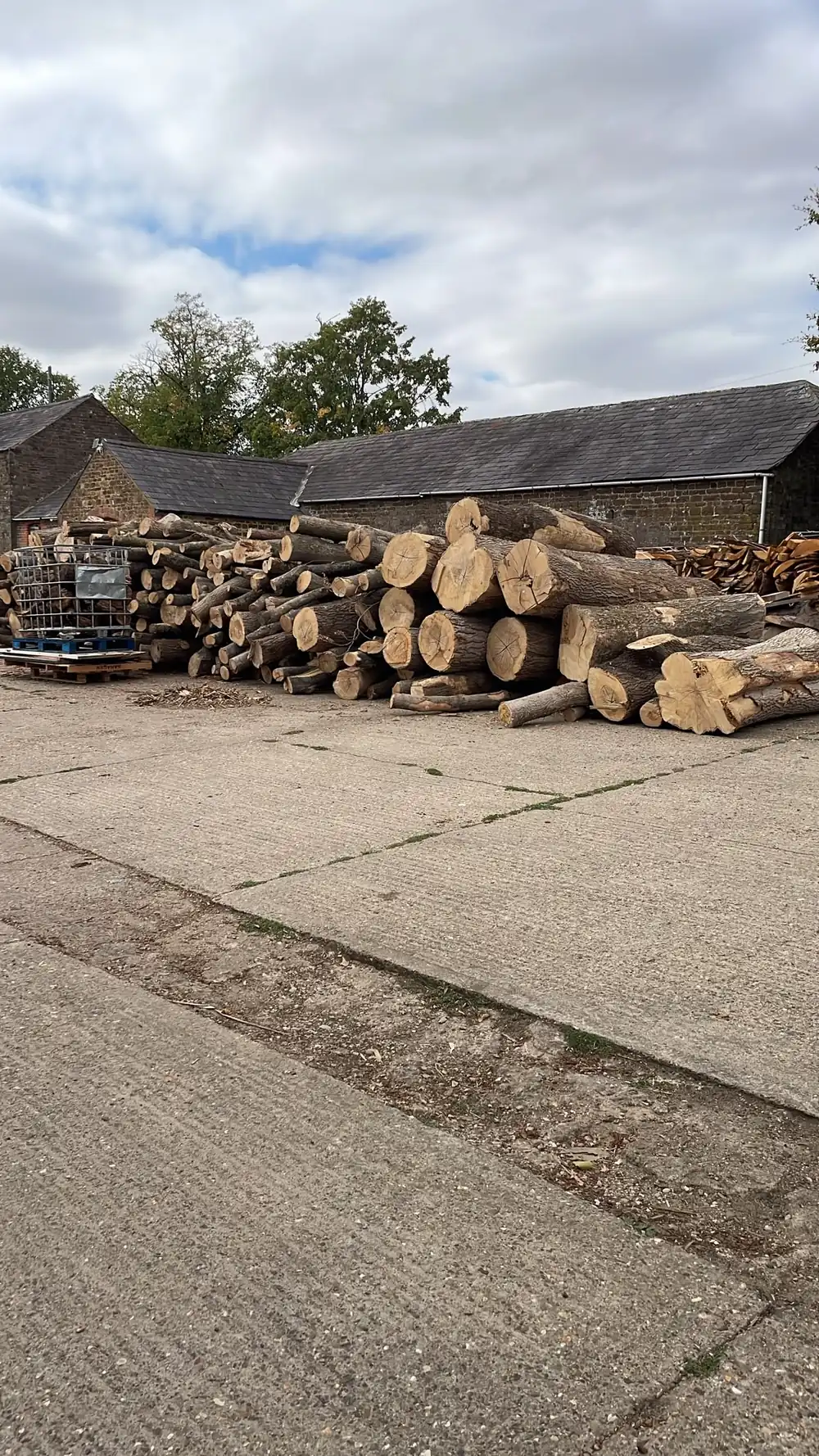 Cordwood stacked against the barns at the AM Fuels yard